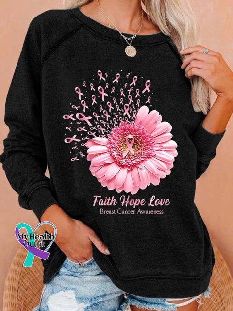 Women’s Faith Hope Love Breast Cancer Awareness Sunflower Print Long Sleeve Sweatshirt Black / S