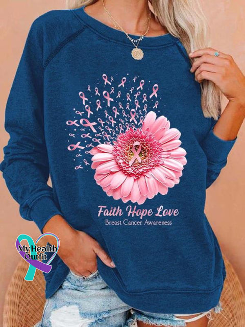 Women’s Faith Hope Love Breast Cancer Awareness Sunflower Print Long Sleeve Sweatshirt Blue / S