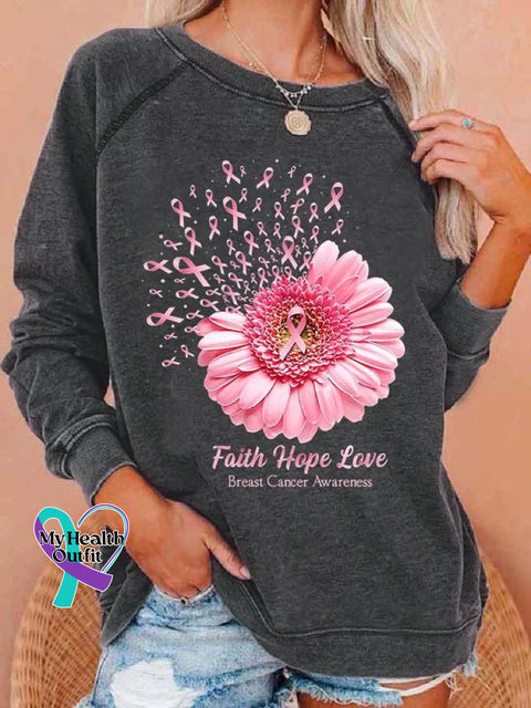Women’s Faith Hope Love Breast Cancer Awareness Sunflower Print Long Sleeve Sweatshirt Grey / S