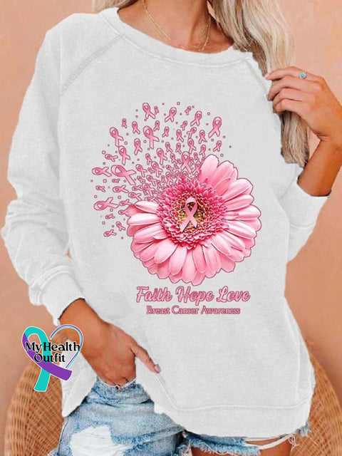 Women’s Faith Hope Love Breast Cancer Awareness Sunflower Print Long Sleeve Sweatshirt White / S