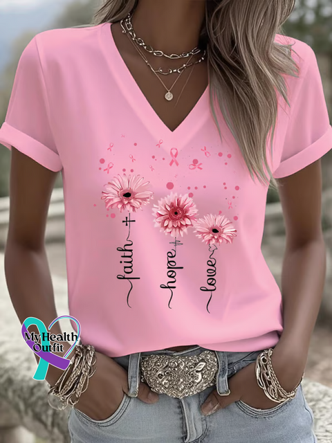 Women’s Faith Hope Love Breast Cancer Awareness V neck Casual T Shirt LightPink / S