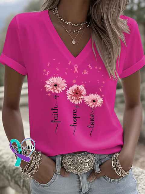 Women’s Faith Hope Love Breast Cancer Awareness V neck Casual T Shirt Pink / S