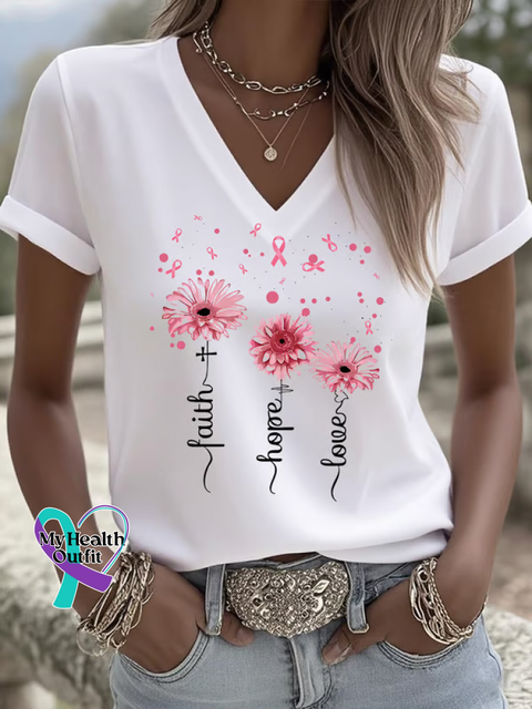 Women’s Faith Hope Love Breast Cancer Awareness V neck Casual T Shirt White / S