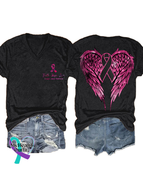 Women’s Faith Hope Love Breast Cancer Awareness Wings V neck Casual T Shirt Black / S