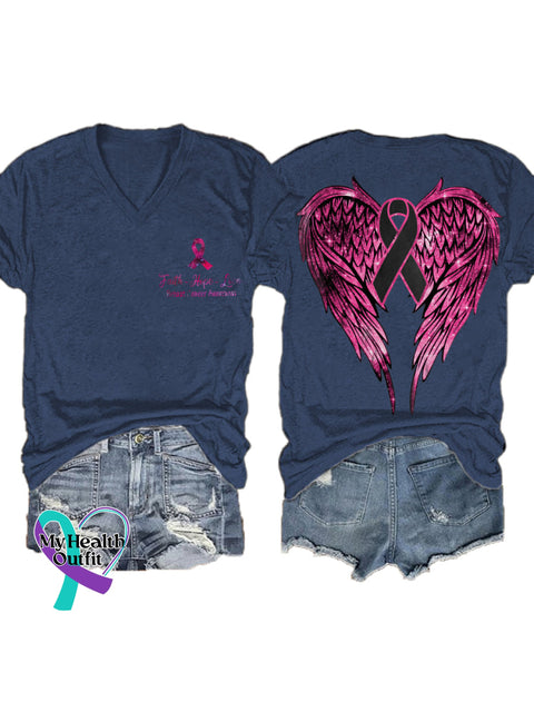 Women’s Faith Hope Love Breast Cancer Awareness Wings V neck Casual T Shirt Blue / S