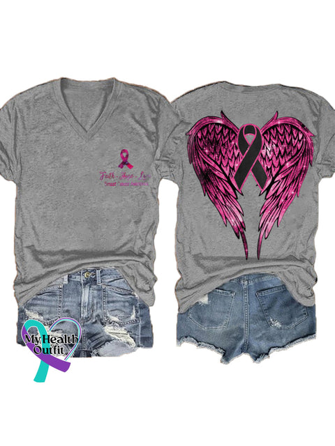 Women’s Faith Hope Love Breast Cancer Awareness Wings V neck Casual T Shirt Grey / S