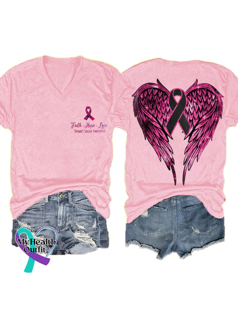 Women’s Faith Hope Love Breast Cancer Awareness Wings V neck Casual T Shirt LightPink / S