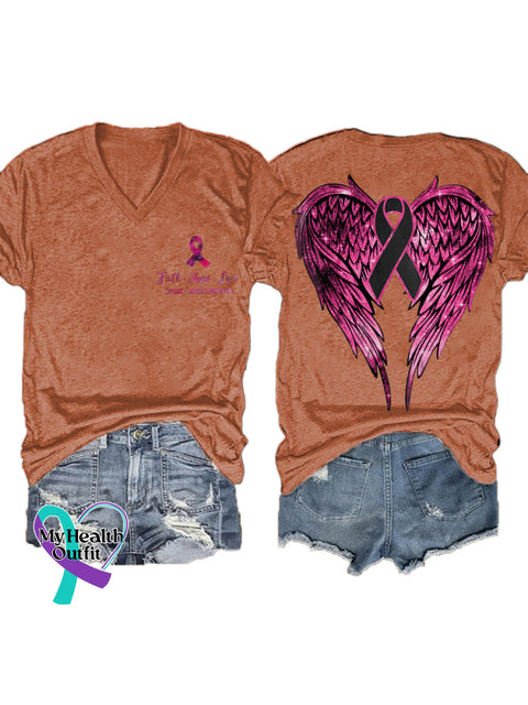 Women’s Faith Hope Love Breast Cancer Awareness Wings V neck Casual T Shirt Orange / S