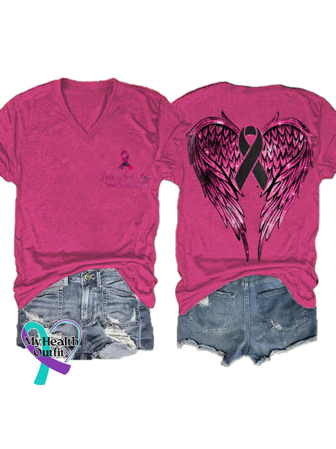 Women’s Faith Hope Love Breast Cancer Awareness Wings V neck Casual T Shirt Pink / S