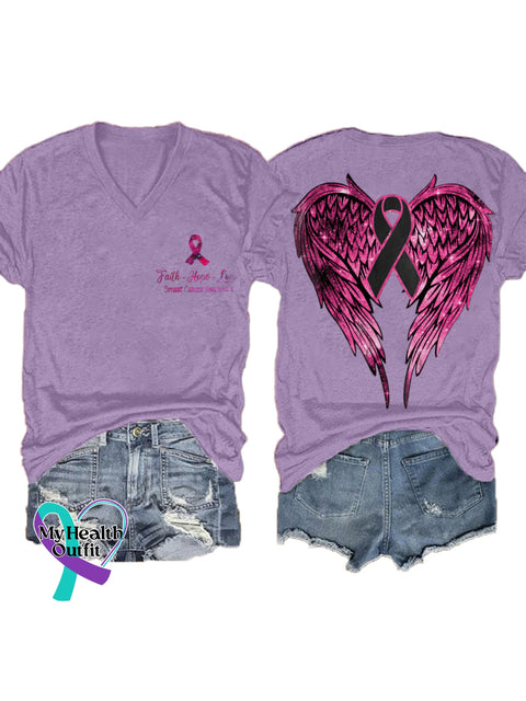Women’s Faith Hope Love Breast Cancer Awareness Wings V neck Casual T Shirt Purple / S