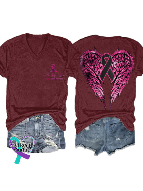Women’s Faith Hope Love Breast Cancer Awareness Wings V neck Casual T Shirt Red / S