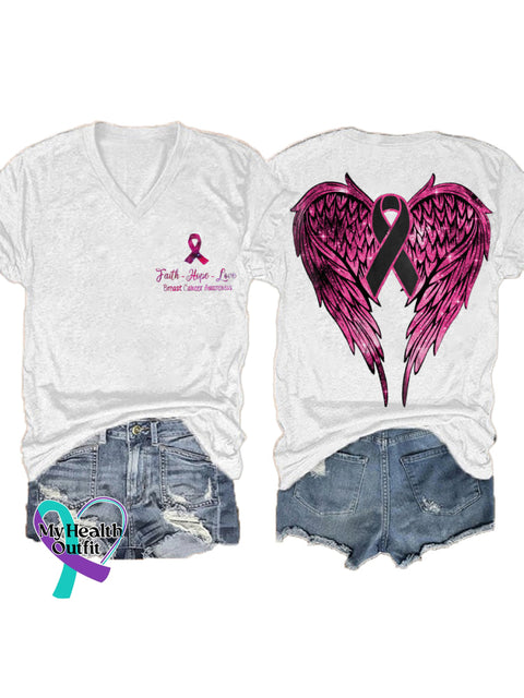 Women’s Faith Hope Love Breast Cancer Awareness Wings V neck Casual T Shirt White / S
