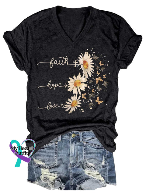 Women’s Faith Hope Love Daisy Butterfly V-neck Casual T-Shirt Black / S