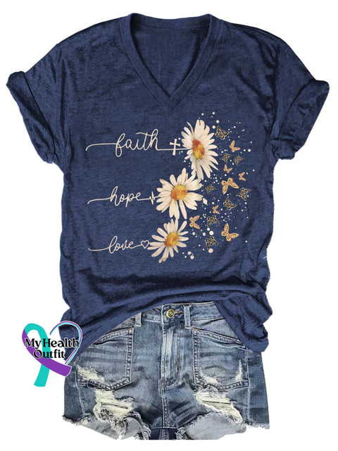 Women’s Faith Hope Love Daisy Butterfly V-neck Casual T-Shirt Blue / S