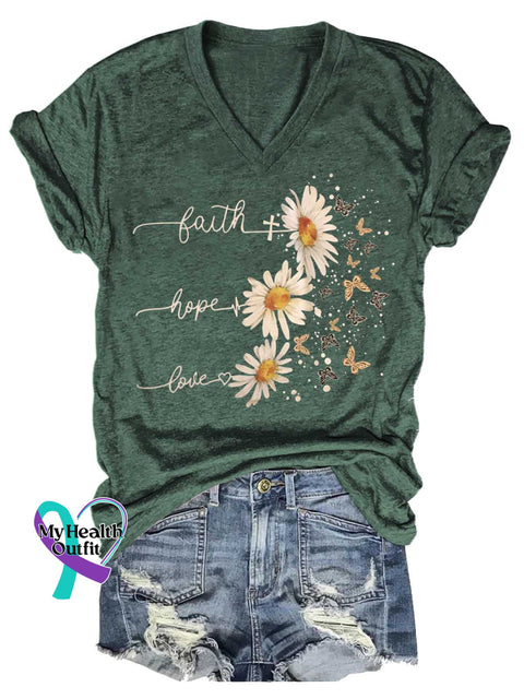 Women’s Faith Hope Love Daisy Butterfly V-neck Casual T-Shirt Green / S