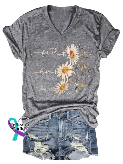 Women’s Faith Hope Love Daisy Butterfly V-neck Casual T-Shirt Grey / S