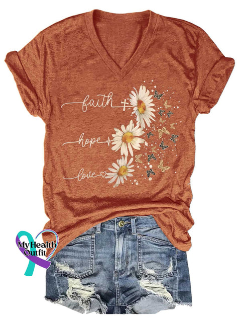 Women’s Faith Hope Love Daisy Butterfly V-neck Casual T-Shirt Orange / S