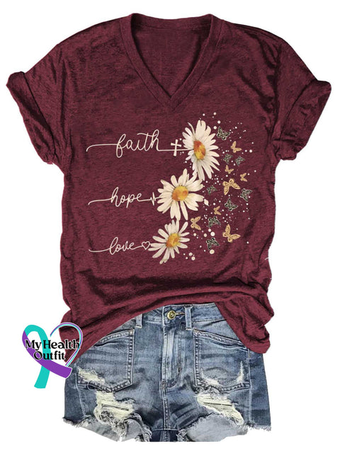 Women’s Faith Hope Love Daisy Butterfly V-neck Casual T-Shirt Red / S