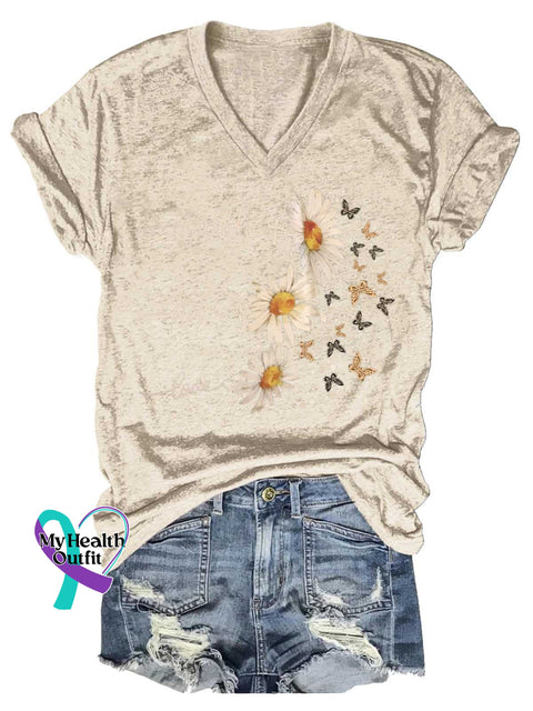 Women’s Faith Hope Love Daisy Butterfly V-neck Casual T-Shirt Sand / S