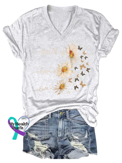 Women’s Faith Hope Love Daisy Butterfly V-neck Casual T-Shirt White / S
