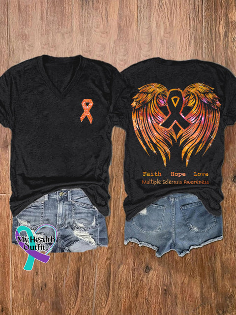Women’s Faith Hope Love Ms Awareness Multiple Sclerosis Warrior Multiple Sclerosis Orange Ribbon V-neck Casual T-Shirt