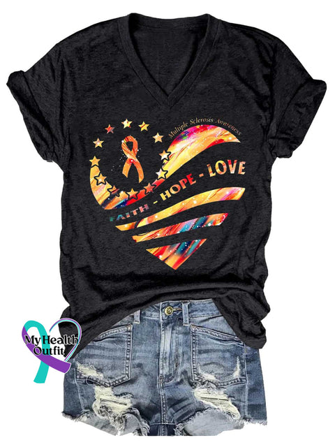 Women’s FAITH HOPE LOVE Ms Awareness Multiple Sclerosis Warrior Multiple Sclerosis Orange Ribbon V-neck Casual T-Shirt