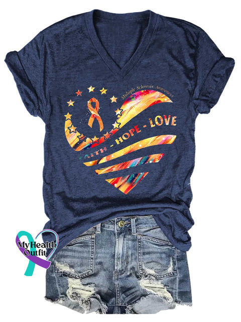 Women’s FAITH HOPE LOVE Ms Awareness Multiple Sclerosis Warrior Multiple Sclerosis Orange Ribbon V-neck Casual T-Shirt