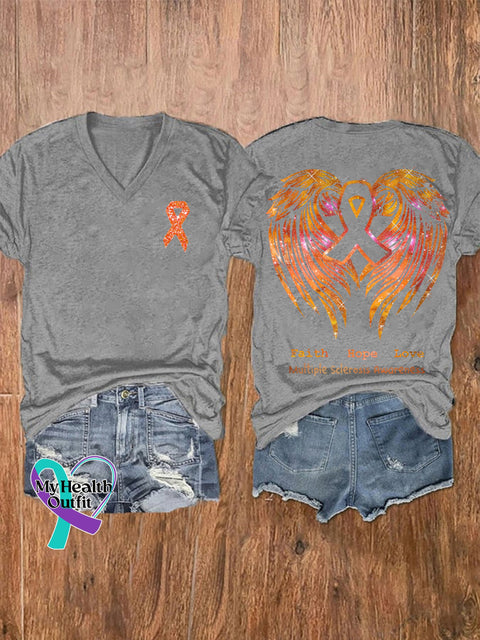 Women’s Faith Hope Love Ms Awareness Multiple Sclerosis Warrior Multiple Sclerosis Orange Ribbon V-neck Casual T-Shirt