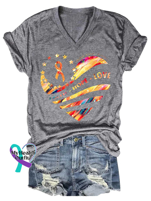 Women’s FAITH HOPE LOVE Ms Awareness Multiple Sclerosis Warrior Multiple Sclerosis Orange Ribbon V-neck Casual T-Shirt