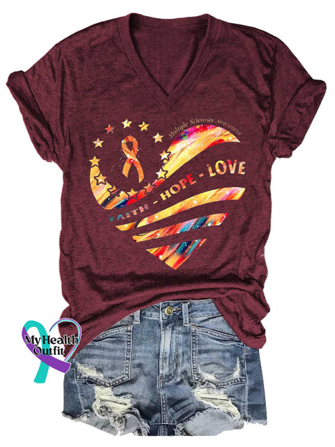 Women’s FAITH HOPE LOVE Ms Awareness Multiple Sclerosis Warrior Multiple Sclerosis Orange Ribbon V-neck Casual T-Shirt