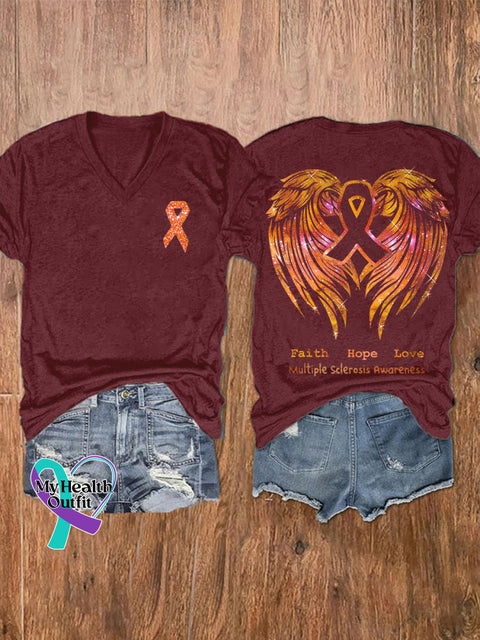 Women’s Faith Hope Love Ms Awareness Multiple Sclerosis Warrior Multiple Sclerosis Orange Ribbon V-neck Casual T-Shirt