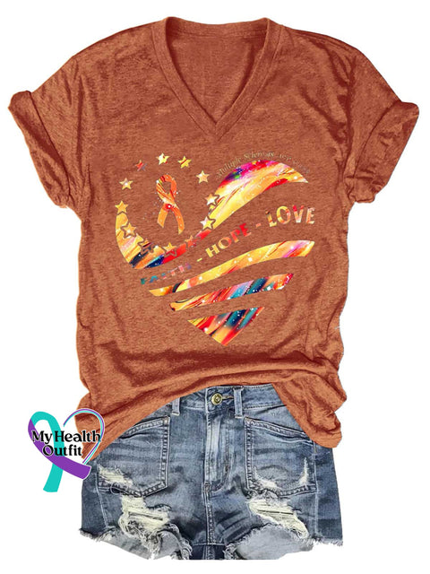 Women’s FAITH HOPE LOVE Ms Awareness Multiple Sclerosis Warrior Multiple Sclerosis Orange Ribbon V-neck Casual T-Shirt