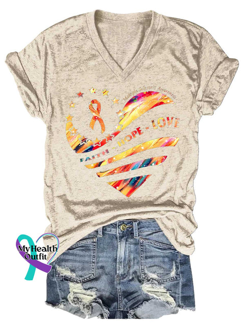 Women’s FAITH HOPE LOVE Ms Awareness Multiple Sclerosis Warrior Multiple Sclerosis Orange Ribbon V-neck Casual T-Shirt