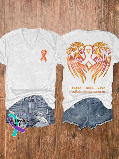 Women’s Faith Hope Love Ms Awareness Multiple Sclerosis Warrior Multiple Sclerosis Orange Ribbon V-neck Casual T-Shirt