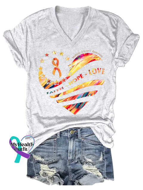 Women’s FAITH HOPE LOVE Ms Awareness Multiple Sclerosis Warrior Multiple Sclerosis Orange Ribbon V-neck Casual T-Shirt