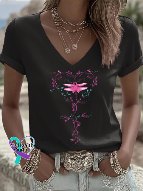 Women’s Faith Hope Love Pink Ribbon Dragonfly Breast Cancer Awareness V neck Casual T Shirt Black / S