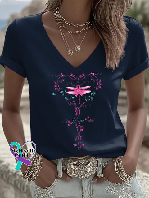 Women’s Faith Hope Love Pink Ribbon Dragonfly Breast Cancer Awareness V neck Casual T Shirt Blue / S