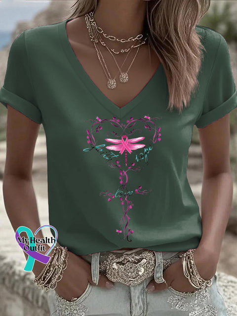 Women’s Faith Hope Love Pink Ribbon Dragonfly Breast Cancer Awareness V neck Casual T Shirt Green / S