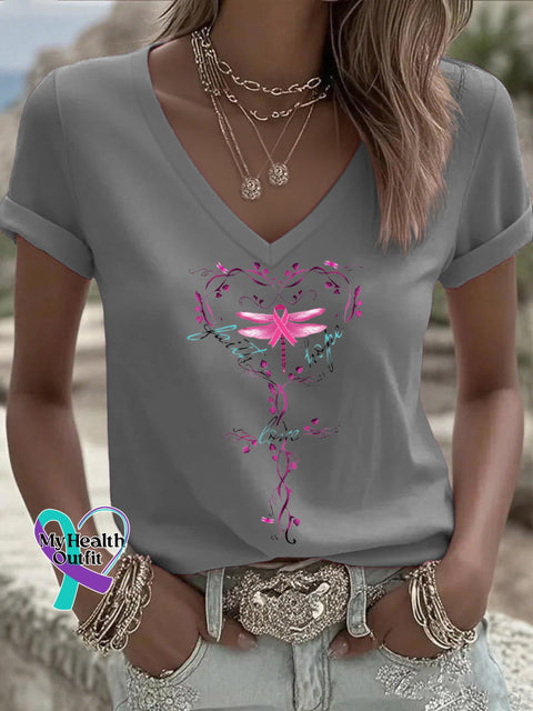 Women’s Faith Hope Love Pink Ribbon Dragonfly Breast Cancer Awareness V neck Casual T Shirt Grey / S