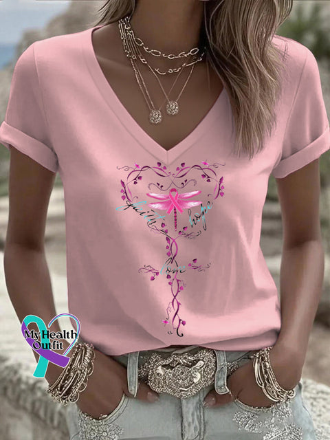 Women’s Faith Hope Love Pink Ribbon Dragonfly Breast Cancer Awareness V neck Casual T Shirt LightPink / S