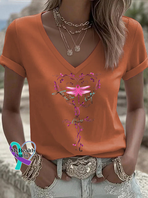 Women’s Faith Hope Love Pink Ribbon Dragonfly Breast Cancer Awareness V neck Casual T Shirt Orange / S