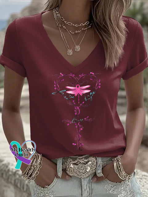 Women’s Faith Hope Love Pink Ribbon Dragonfly Breast Cancer Awareness V neck Casual T Shirt Red / S