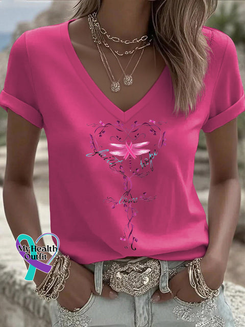 Women’s Faith Hope Love Pink Ribbon Dragonfly Breast Cancer Awareness V neck Casual T Shirt Pink / S
