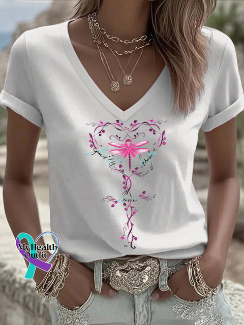 Women’s Faith Hope Love Pink Ribbon Dragonfly Breast Cancer Awareness V neck Casual T Shirt White / S