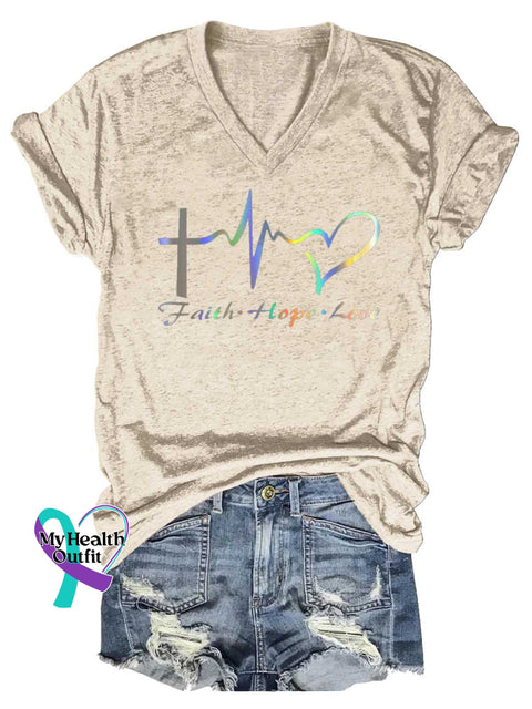 Women’s Faith Hope Love V-neck Casual T-Shirt Sand / S