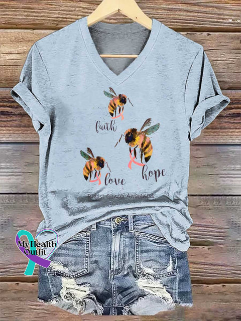 Women’s Faith Love Hope Breast Cancer Awareness V-neck Casual T-Shirt Blue / S
