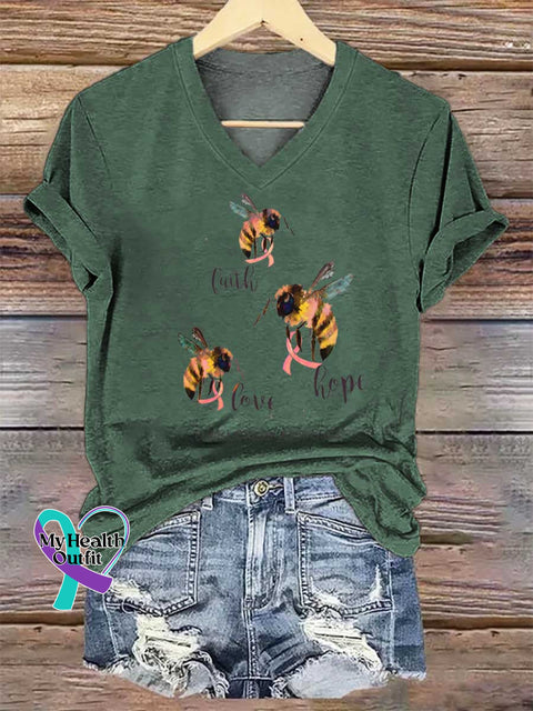 Women’s Faith Love Hope Breast Cancer Awareness V-neck Casual T-Shirt Green / S
