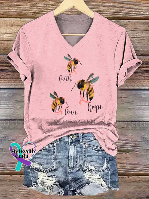 Women’s Faith Love Hope Breast Cancer Awareness V-neck Casual T-Shirt LightPink / S