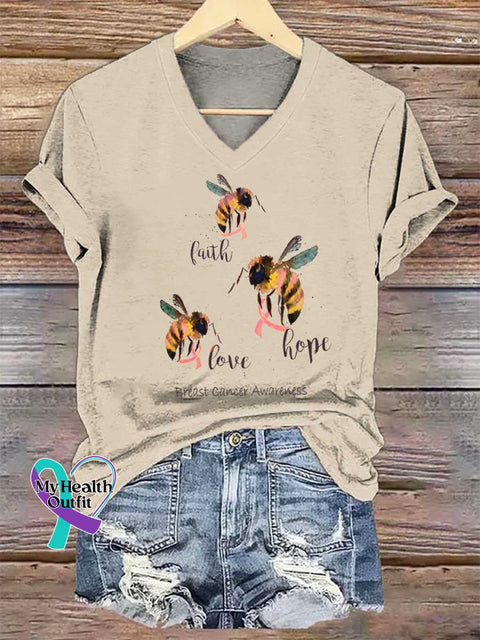 Women’s Faith Love Hope Breast Cancer Awareness V-neck Casual T-Shirt Sand / S
