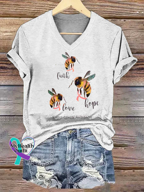 Women’s Faith Love Hope Breast Cancer Awareness V-neck Casual T-Shirt White / S
